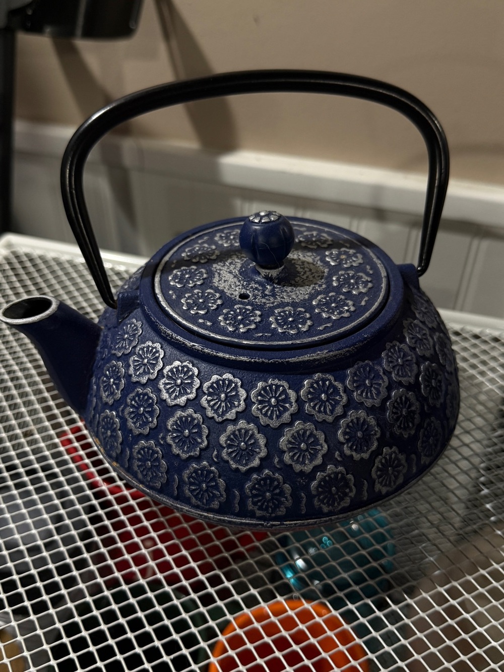 Blue Floral Cast Iron Teapot with Black Handle